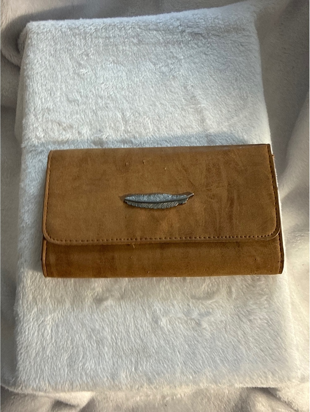 Brown Suede Wallet with Silver Feather Accent